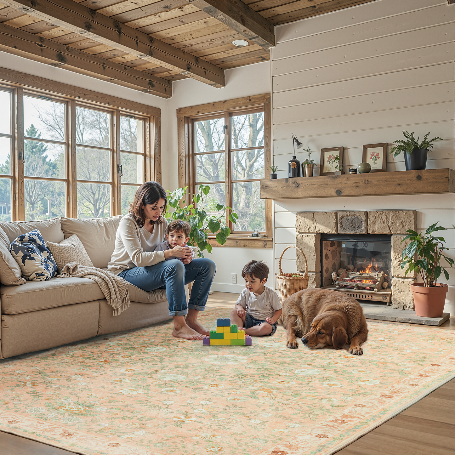 CHITOOMA 5'x7' Boho Area Rugs for Living Room, Machine Washable Stain Resistant Non-Shed Carpet, Floral Area Rug with Non-Slip Backing for Bedroom, Dining Room, Dorm, Office