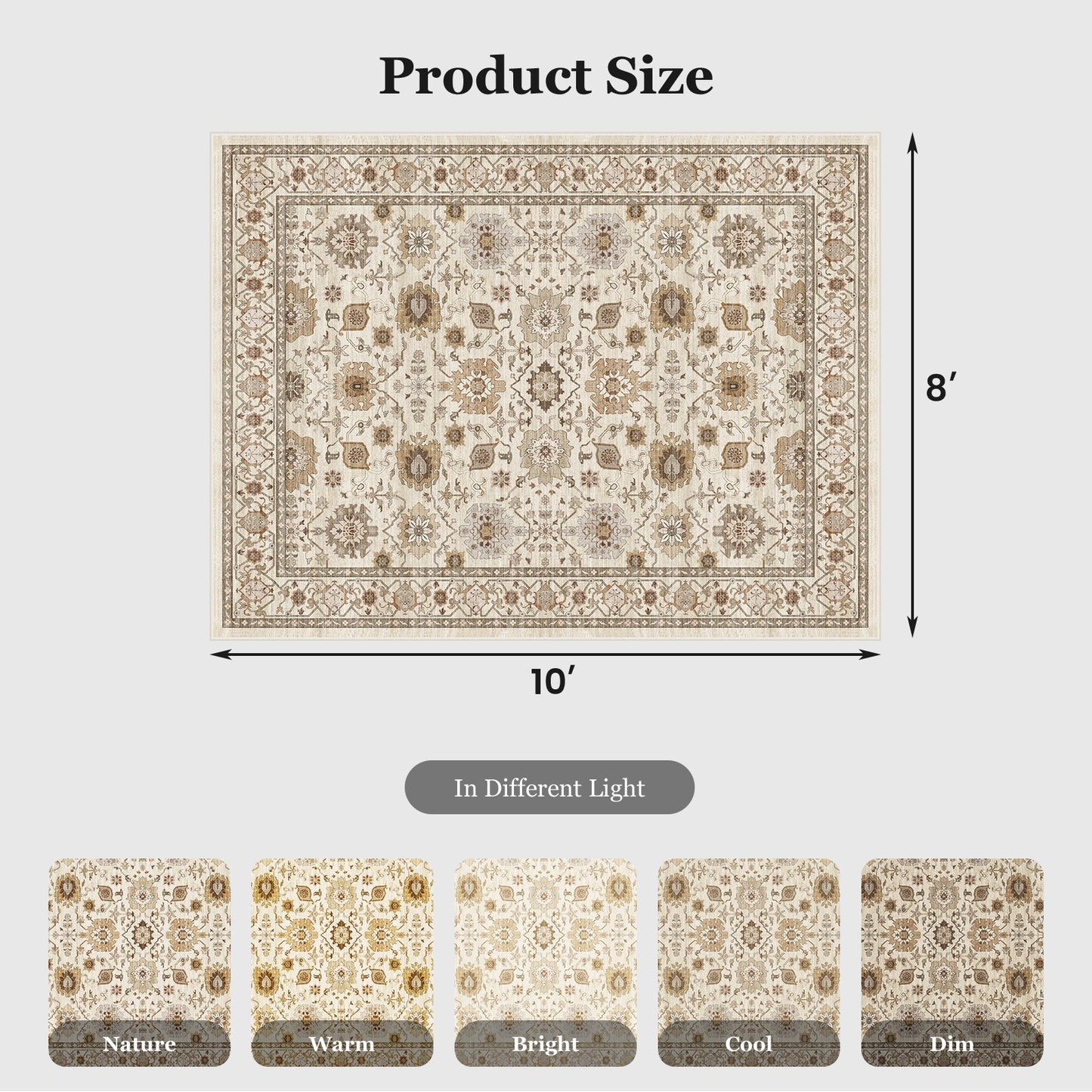 CHITOOMA 8'x10' Area Rugs for Living Room, Boho Machine Washable Floral Area Rug with Non-Slip Backing, Stain Resistant Non-Shed Carpet for Bedroom, Dining Room, Dorm, Office