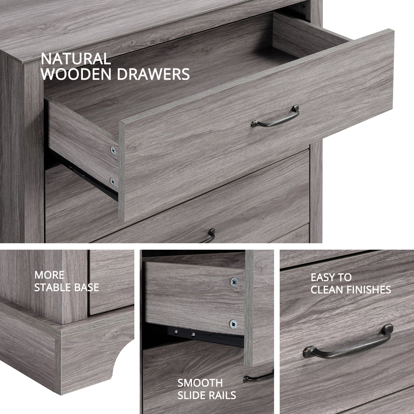 CHITOOMA 5 Drawer Dressers for Bedroom, Adult Tall Wooden Chest of Drawers, Storage Cabine for Living Room Entryway, Gray