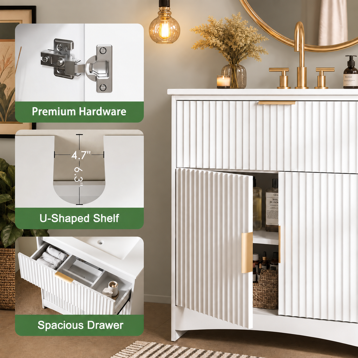 30 Inch Bathroom Vanity with Ceramic Sink, Freestanding Bathroom Cabinet with U-Shaped Drawer and Adjustable Shelf, Modern Fluted Vanity Set, White