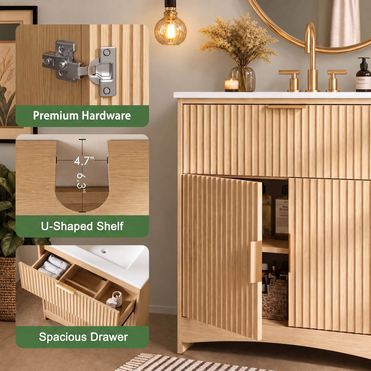 30 Inch Bathroom Vanity with Ceramic Sink, Freestanding Bathroom Cabinet with U-Shaped Drawer and Adjustable Shelf, Modern Fluted Vanity Set, Natural Oak