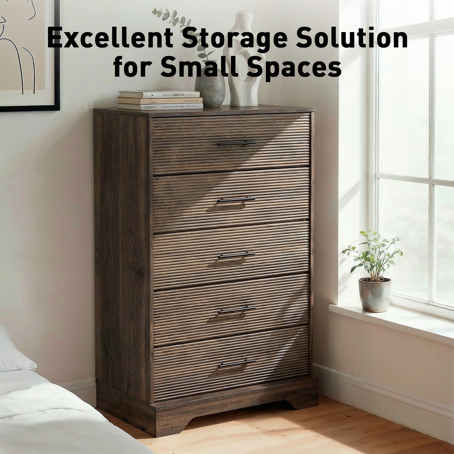 CHITOOMA Fluted Dresser for Bedroom, Modern Wooden 5 Drawer Tall Dresser, Chest of Drawers, Storage Cabine Living Room Hallway, Walnut