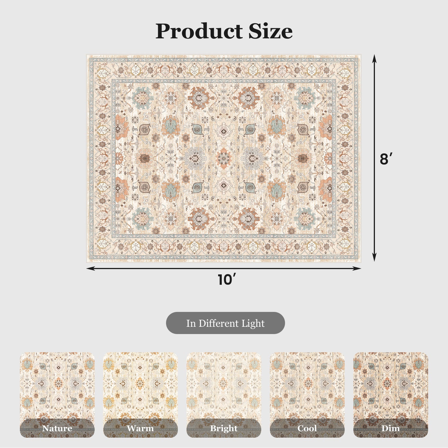 CHITOOMA 8'x10' Area Rugs for Living Room, Boho Machine Washable Floral Area Rug with Non-Slip Backing, Stain Resistant Non-Shed Carpet for Bedroom, Dining Room, Dorm, Office