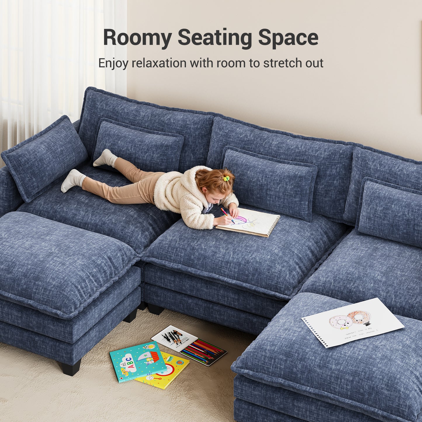 CHITOOMA 111" Modular Sectional Sofa with 2 Movable Ottomans, U-Shaped Oversized 3-Seat Chenille Cloud Sofa with 5 Pillows for Living Room, Blue
