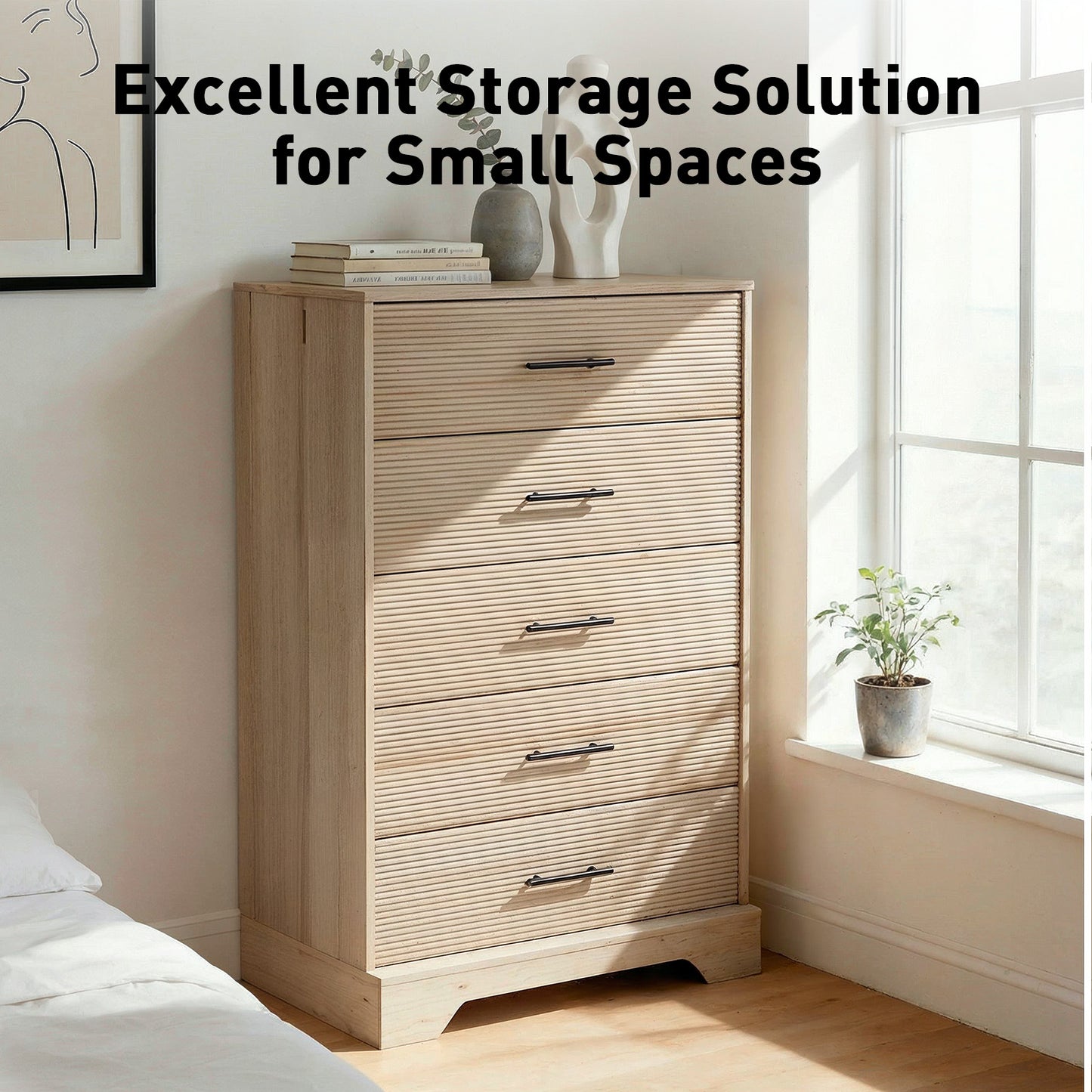 CHITOOMA Fluted Dresser for Bedroom, Modern Wooden 5 Drawer Tall Dresser, Chest of Drawers, Storage Cabine Living Room Hallway, Natural