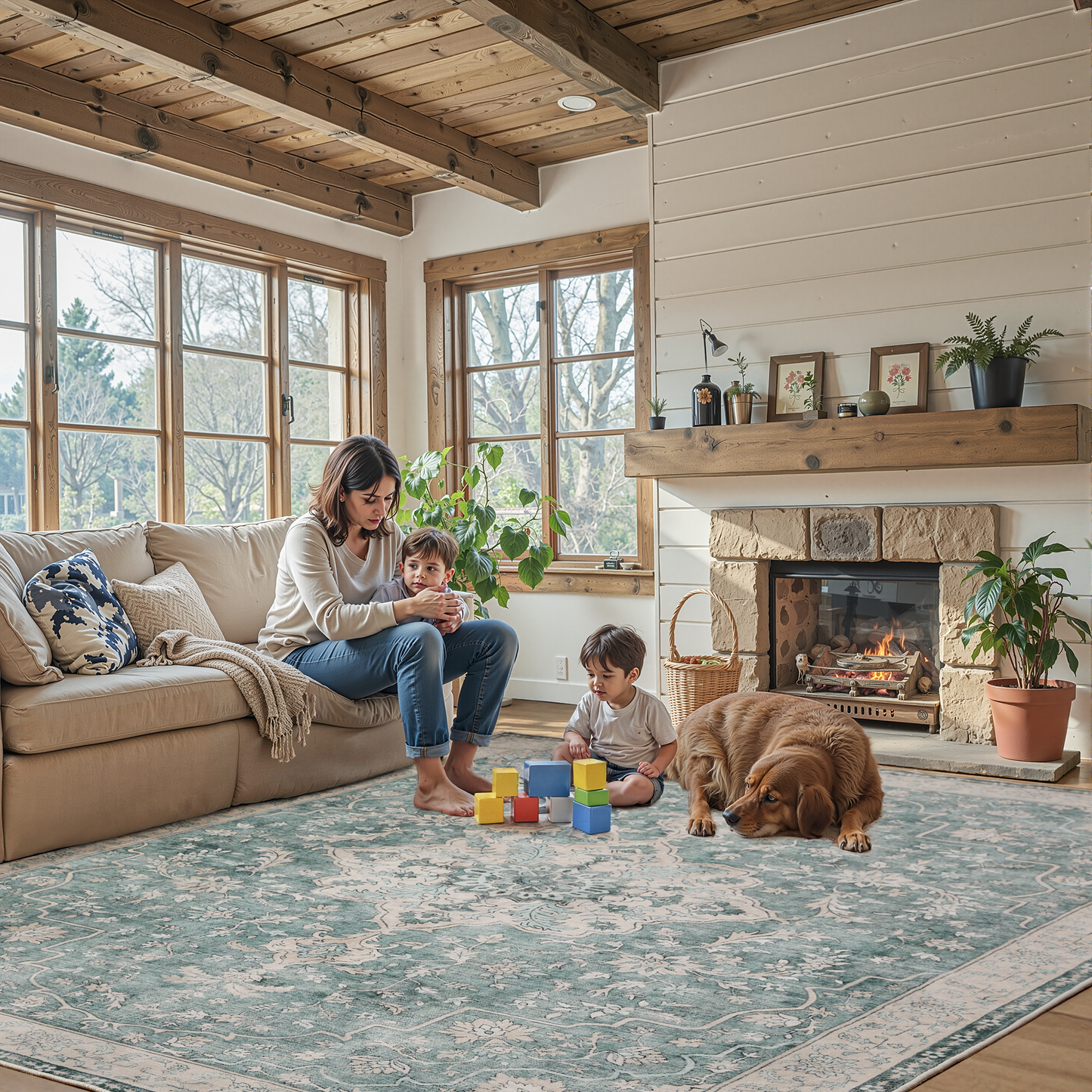 CHITOOMA 5'x7' Boho Area Rugs for Living Room, Machine Washable Stain Resistant Non-Shed Carpet, Floral Area Rug with Non-Slip Backing for Bedroom, Dining Room, Dorm, Office