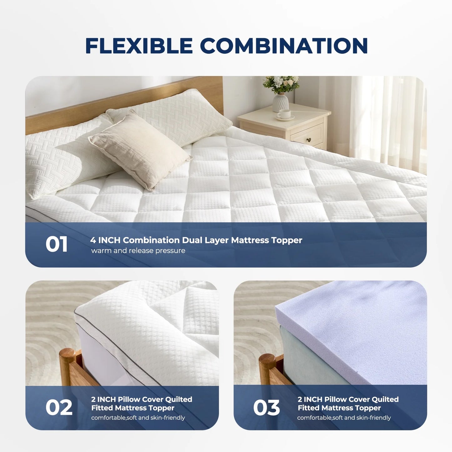 Twin Size Dual Layer 4 Inch Memory Foam Mattress Topper, 2" Gel Memory Foam and 2" Pillow Top Mattress Pad for Back Pain Relief, Medium Support, Non-Slip, CertiPUR-US Certified
