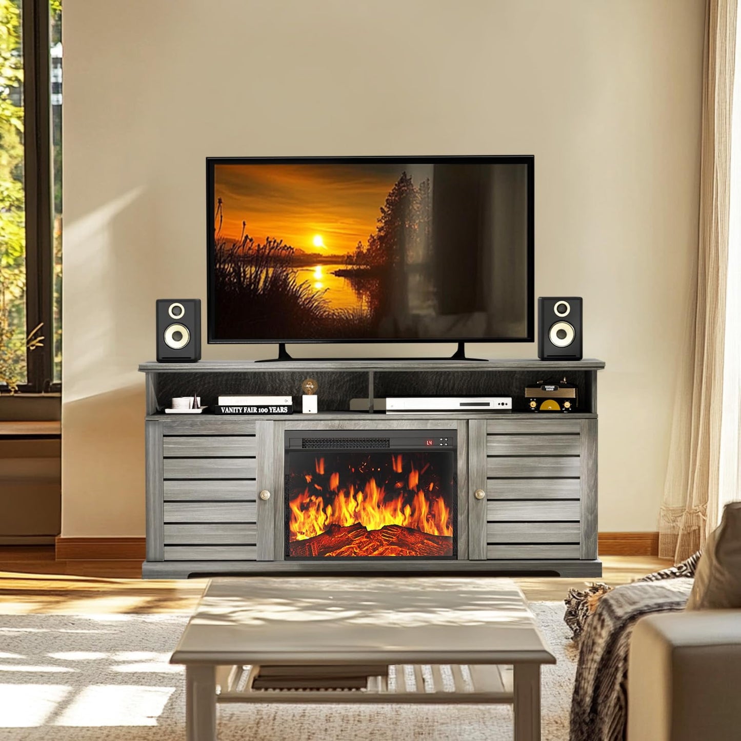 Electric Fireplace TV Stand up to 75" TVs, Farmhouse Entertainment Center wiht 23" Fireplace for Living Room, Gray