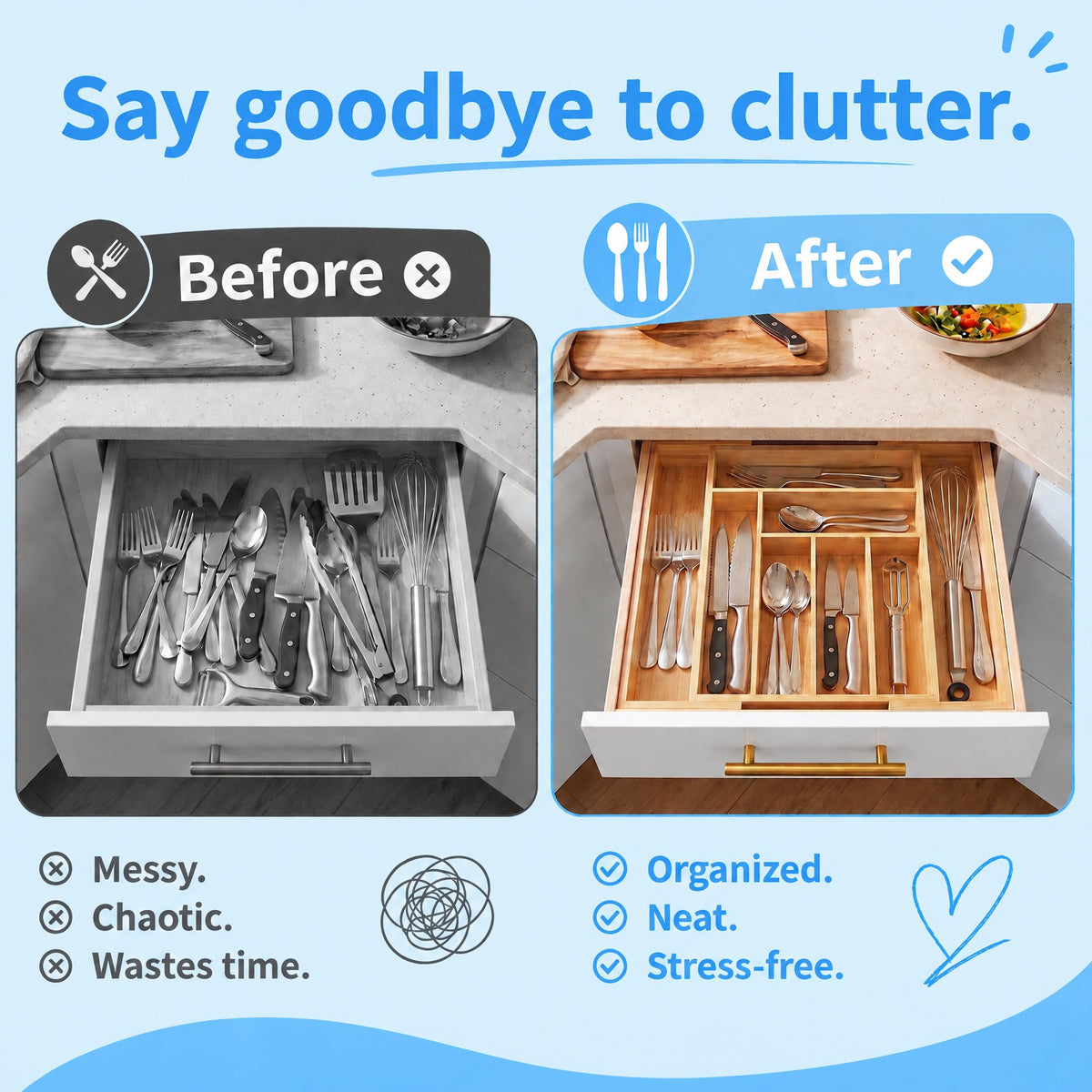 CHITOOMA Silverware Drawer Organizer, Expandable Silverware Holder,Adjustable Kitchen Utensil Tray,for Forks, Spoons and Knives,8 Slots,Natural
