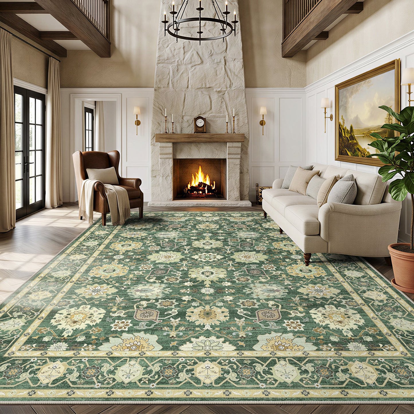CHITOOMA 9'x12' Area Rugs for Living Room, Boho Machine Washable Stain Resistant Non-Shed Carpet, Floral Area Rug with Non-Slip Backing for Bedroom, Dining Room, Dorm, Office