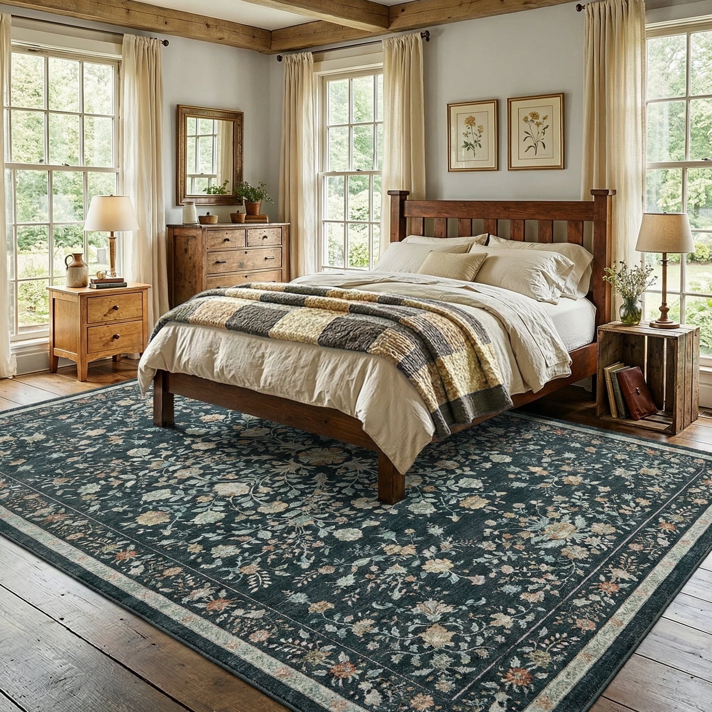 CHITOOMA 8'x10' Boho Area Rugs for Living Room, Machine Washable Floral Area Rug with Non-Slip Backing, Stain Resistant Non-Shed Carpet for Bedroom, Dining Room, Dorm, Office
