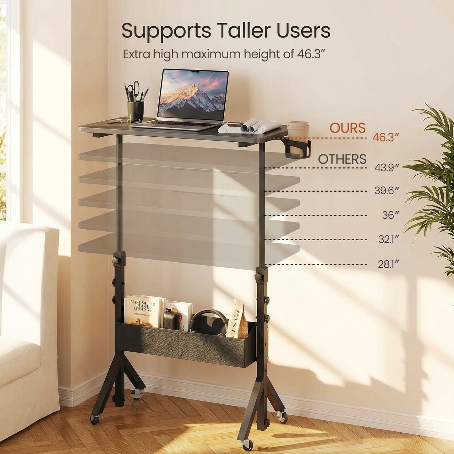CHITOOMA Mobile Standing Desk with Wheels & Storage, Adjustable Height Rolling Laptop Cart with Cup Holder, Fits Treadmills, Black, 31.5" x 15.75"