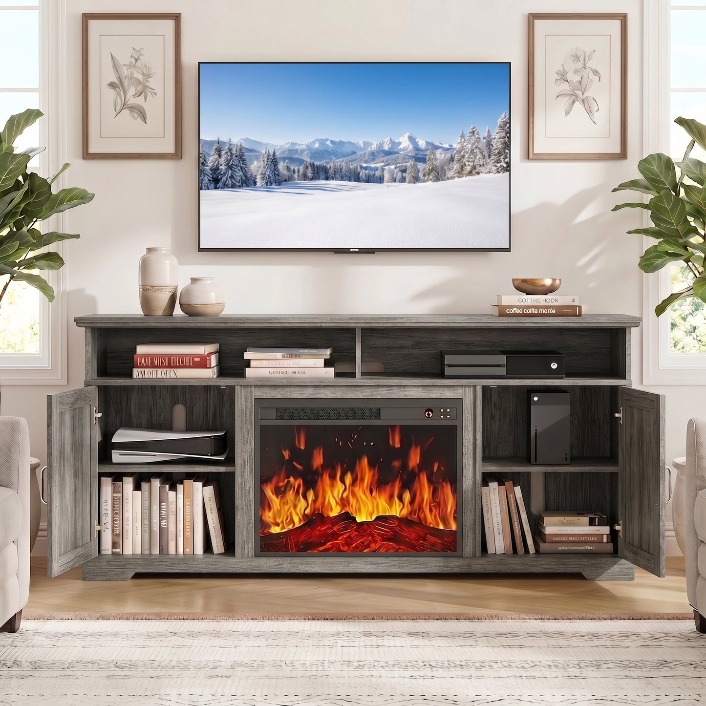 CHITOOMA Electric Fireplace TV Stand for 65 70 75 inch TV with Remote Control, Farmhouse Entertainment Center with 23″ Fireplace for Living Room, Bedroom,Gray