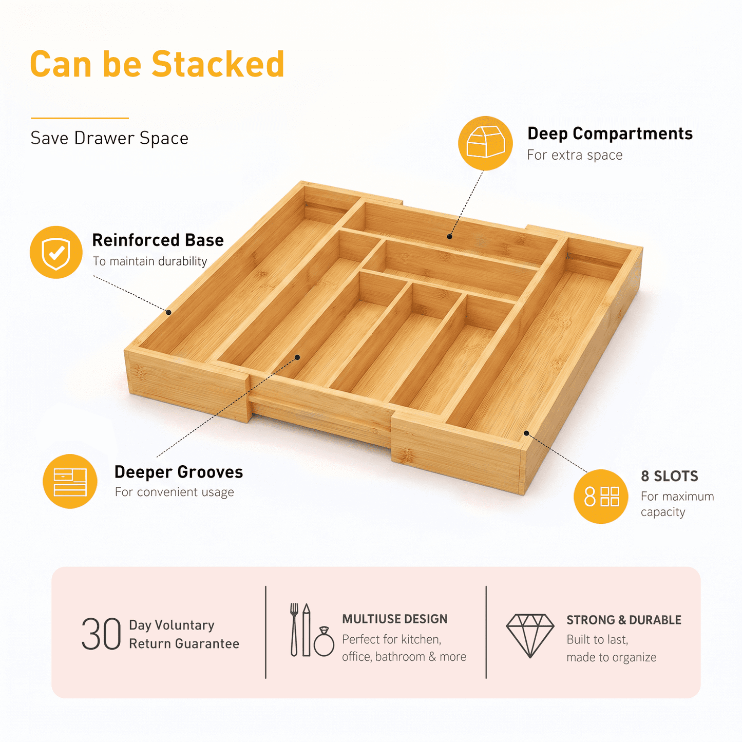 CHITOOMA Wood Bamboo Kitchen Drawer Organizer,Expandable Silverware Holder,Adjustable Kitchen Utensil Tray,for Forks, Spoons and Knives,8 Slots,Large
