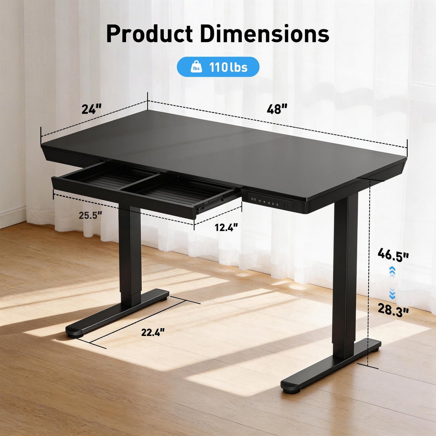 CHITOOMA Glass Top Electric Standing Desk with Drawer, 48'' x 24'' Electric Height Adjustable Desk with USB Charging Ports, Sit Stand up for Home Office