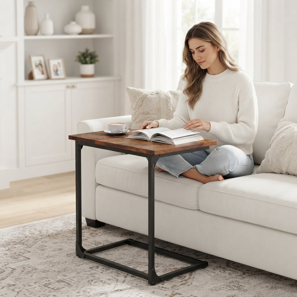 C Shaped End Sofa Table, Widened Vintage End Table Side Table for Living Room, Bedroom, 27"(H) x 21.1"(W) x 11.4"(D), Brown