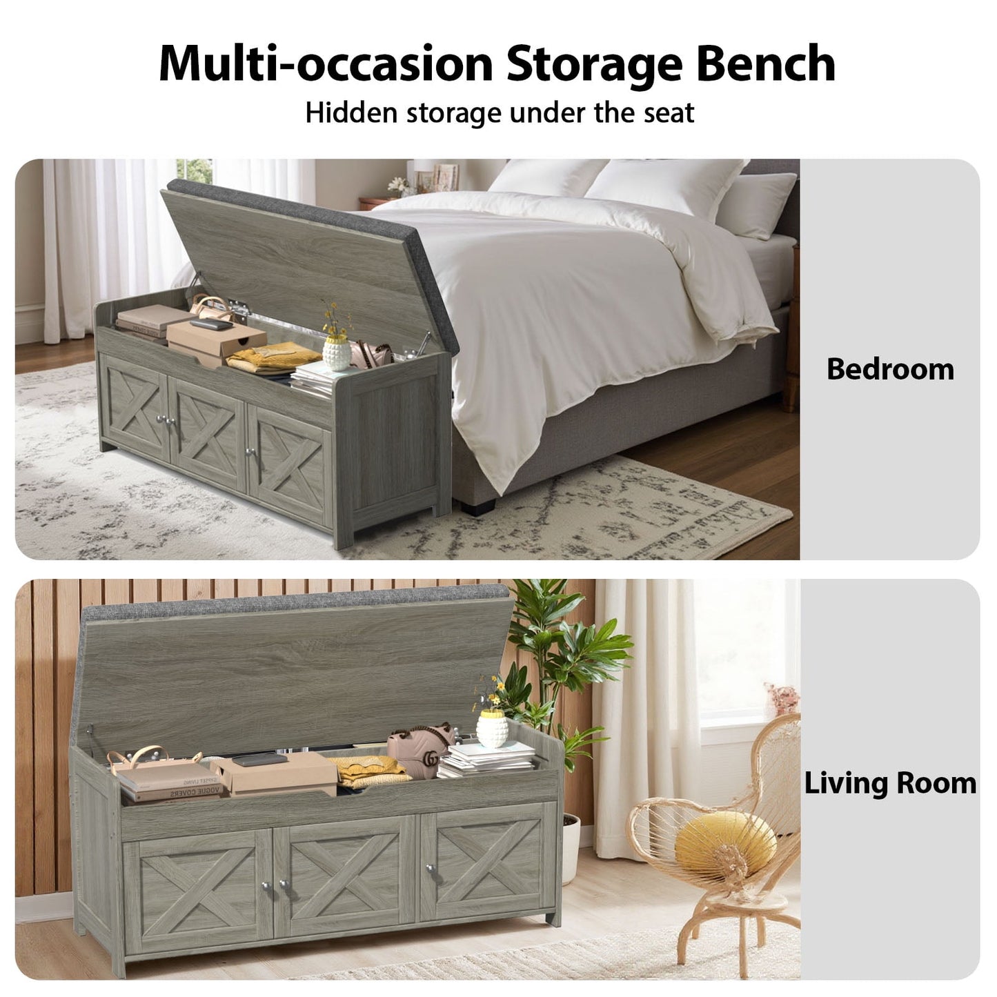 CHITOOMA 43.4" Shoe Storage Bench with Cushion and Barn Doors for Entryway, Bedroom, Shoe Rack Bench Adjustable Shelf with Lift Top Storage, 440 lbs, Grey