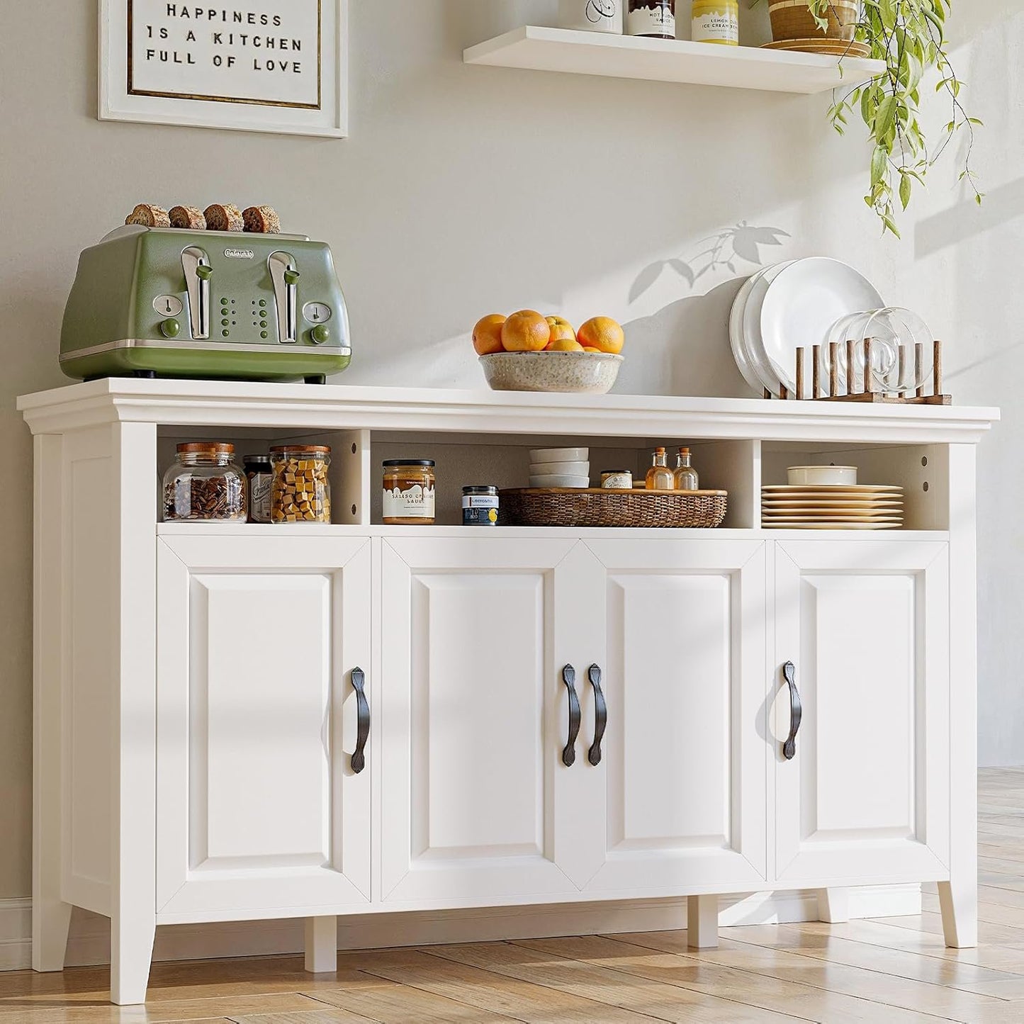 CHITOOMA 55" Sideboard Buffet Cabinet with Adjustable Shelves & 4 Doors, Modern Farmhouse Coffee Bar Cabinet for Kitchen Dinning Room, White