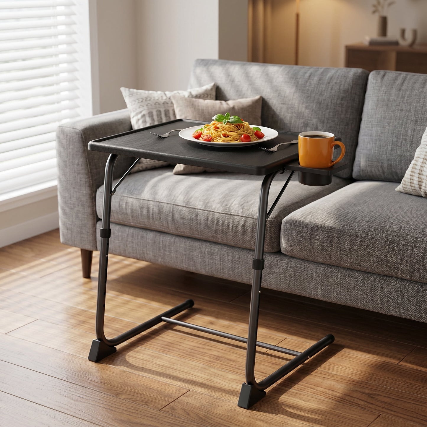 CHITOOMA TV Tray Table with 3" Cup Holder, Adjustable TV Dinner Tray for Eating, 6 Heights & 3 Tilt Angles, Up to Hold 50 lbs, Black