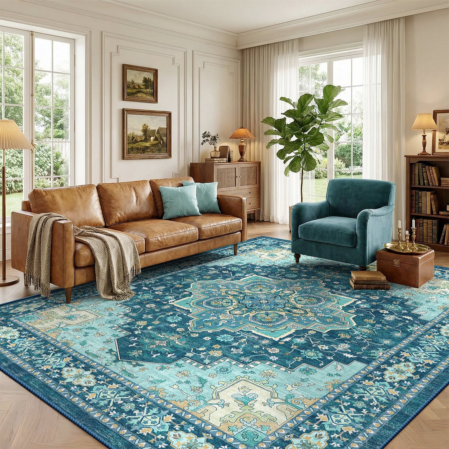 CHITOOMA 5'x7' Boho Area Rugs for Living Room, Machine Washable Stain Resistant Non-Shed Carpet, Area Rug with Non-Slip Backing for Bedroom, Dining Room, Dorm, Office