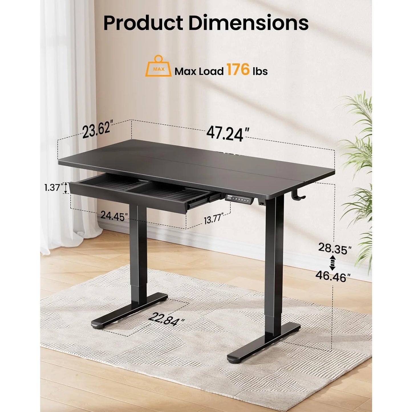 CHITOOMA Electric Standing Desk with Built-in Drawer, 48" x 24" Adjustable Height Computer Desk, 4 Memory Presets for Home Office, Black