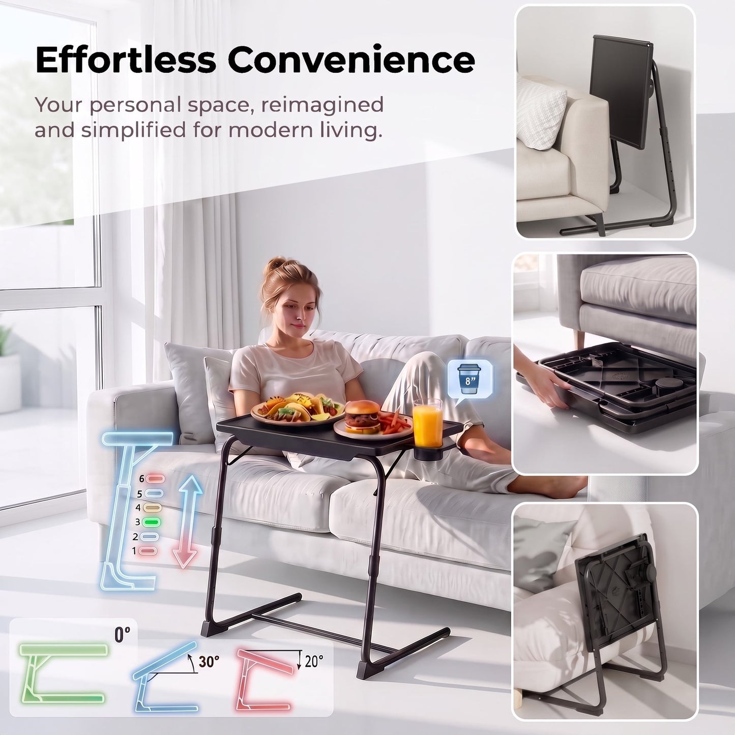 TV Tray Table with Cup Holders, Portable C-Shaped Side Dinner Tray Table, Adjustable 6 Heights & 3 Tilt Angle for Living Room, Bedroom, Black