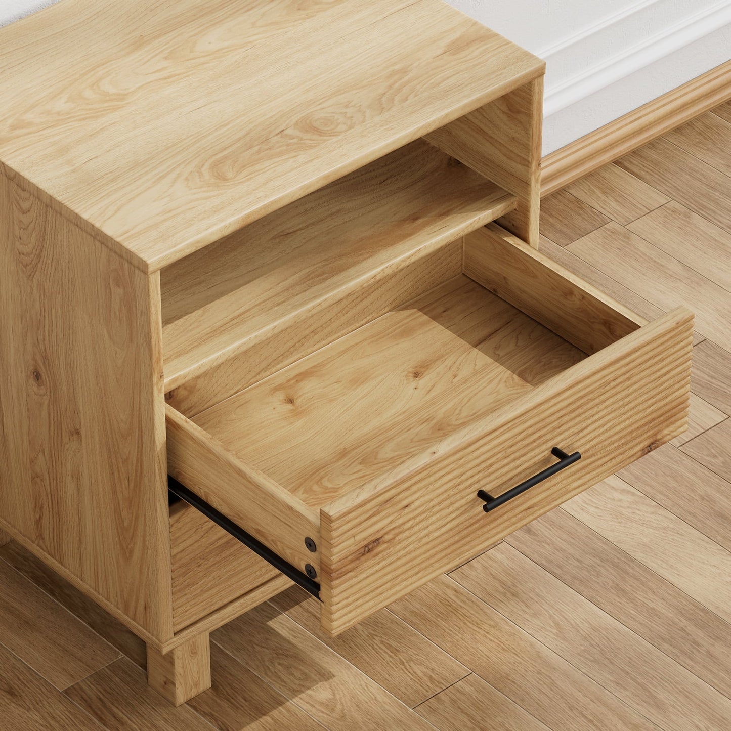 CHITOOMA 2-Drawer Nightstand with Open Shelf, Wood Fluted Bedside Table with Storage, Small End Table for Bedroom Living Room, Natural