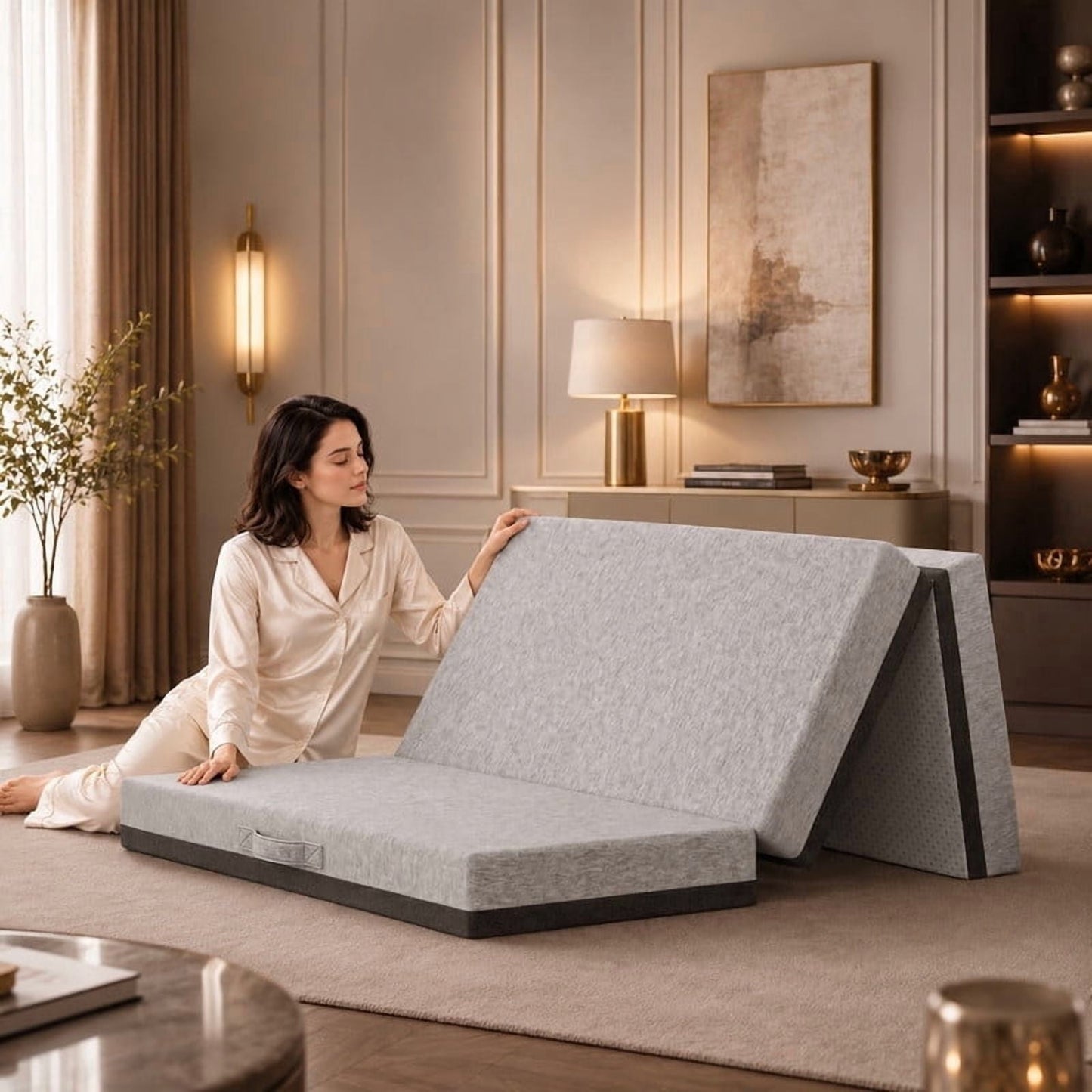 6 Inch Tri-Fold Memory Foam Mattress, Twin Size Folding Mattress with Washable Removable Cover, Non-Slip Bottom & Carry Handles, Portable Foldable Guest Bed for Camping, Travel, Yoga, Gray