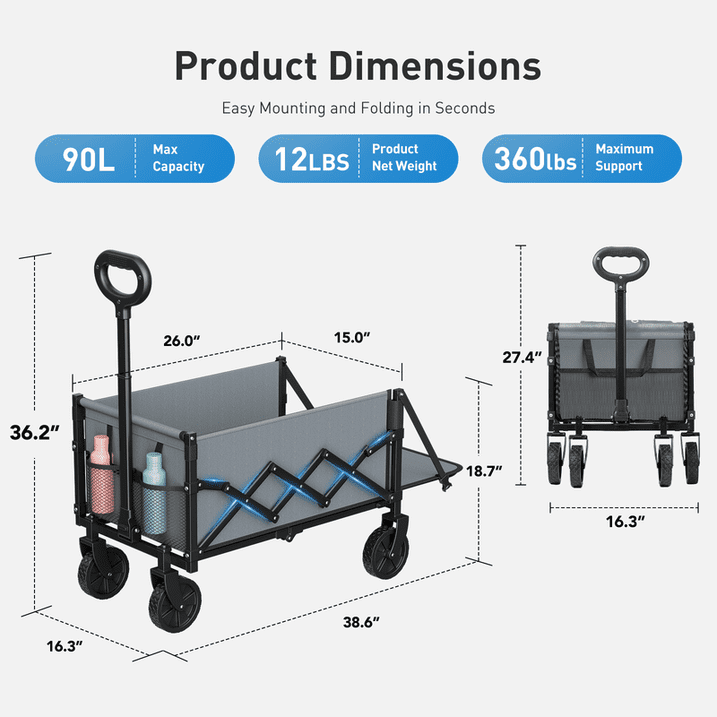 CHITOOMA Collapsible Wagon Cart with Expandable Storage & Locking Front Wheels,360LBS Portable Foldable Wagon for Beach, Camping, Shopping