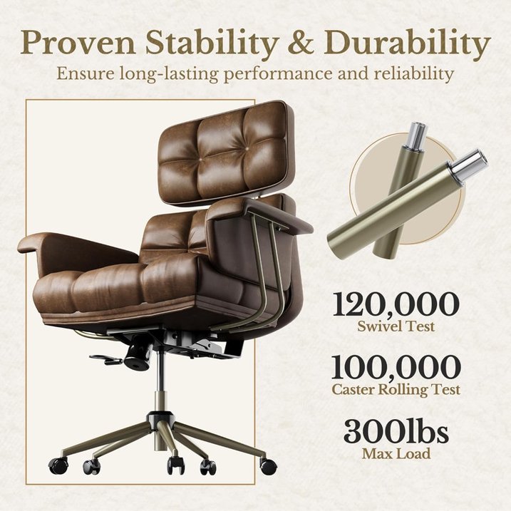 BESTERGO Ergonomic Executive Office Chair with PU Leather Upholstery, Adjustable Lumbar Support, Thick Cushion, 300 lbs Capacity, Mid Century Modern Desk Chair for Home Office, Brown
