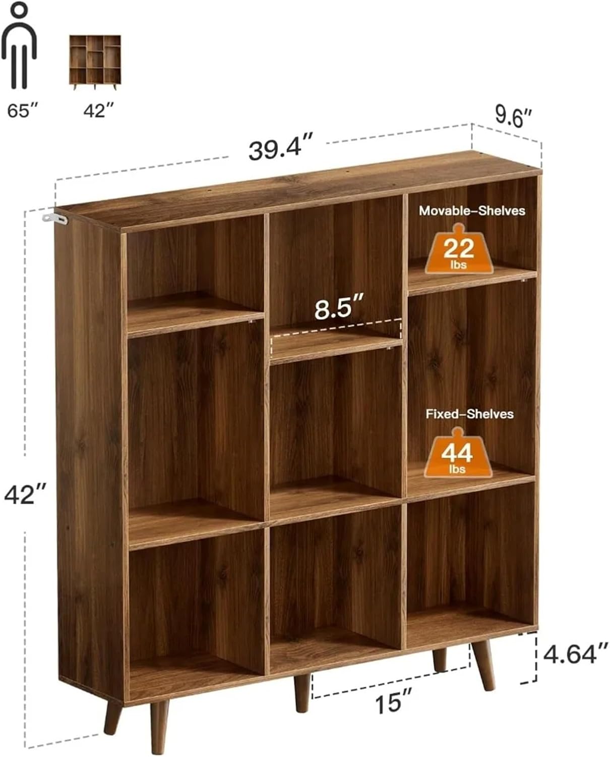 CHITOOMA Wood Bookcase with 3 Adjustable Shelves, 3-Tier 9-Cube Storage Organizer Bookshelf with Solid Legs for Home Office or Living Room, Brown