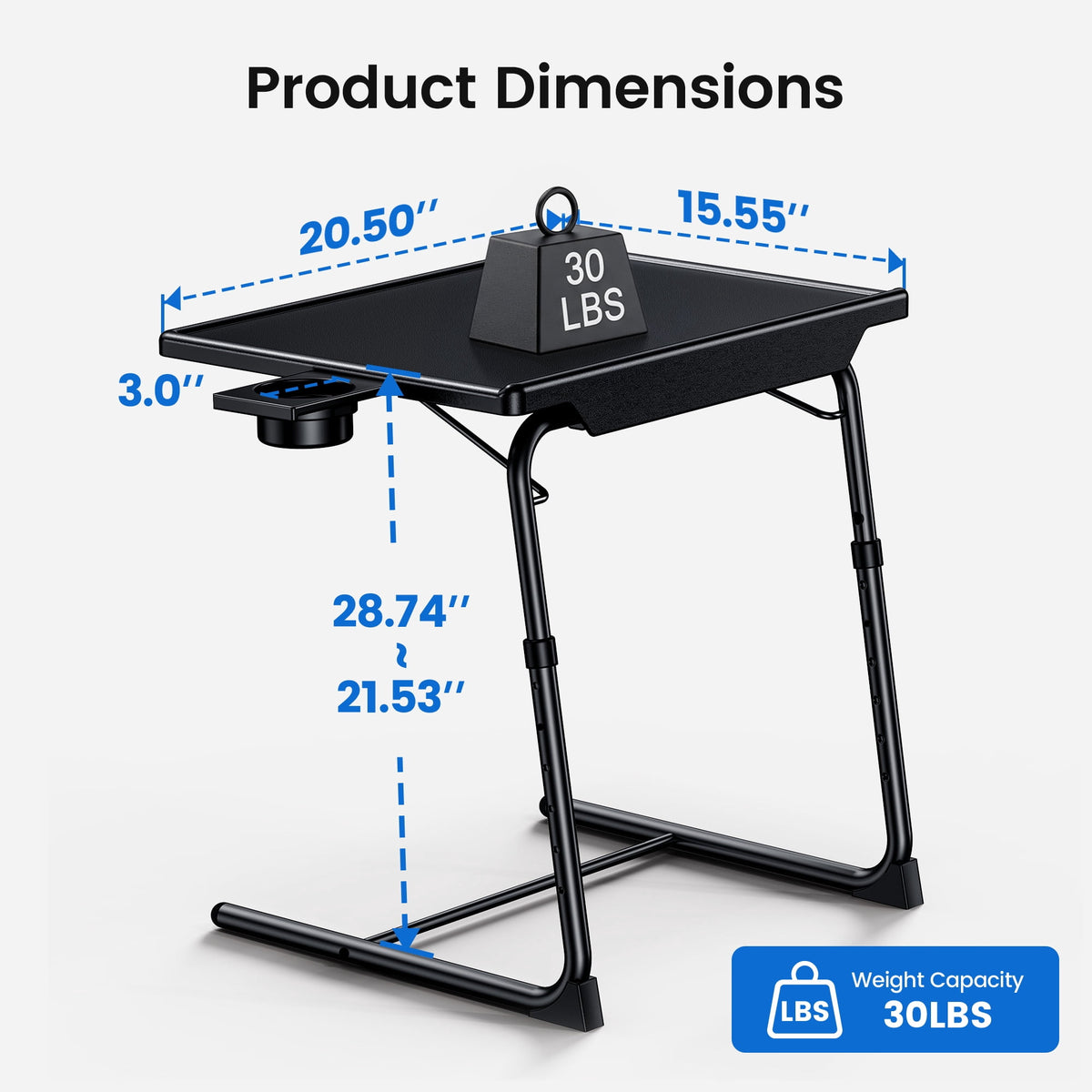 Adjustable TV Tray Table with Cup Holder,2 Pack Foldable TV Dinner Tray Table with 6 Heights & 3 Tilt Angle for Couch, Bed, Sofa & Chair,Black