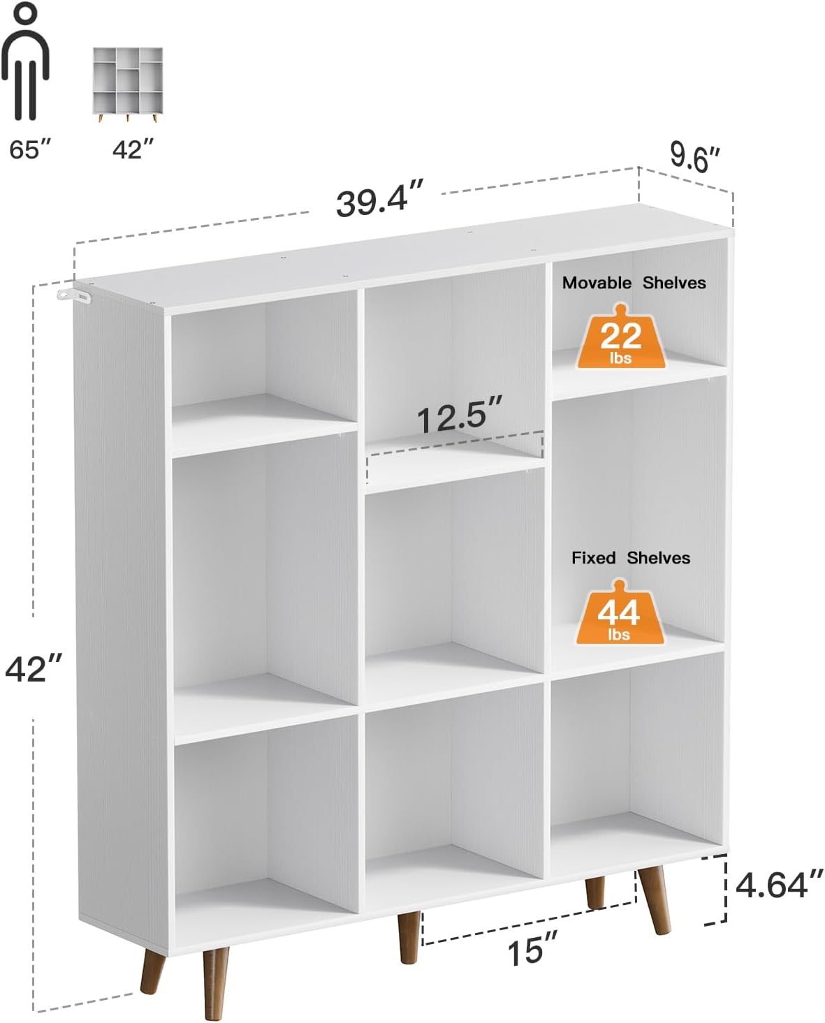CHITOOMA Wood Bookcase with 3 Adjustable Shelves, 3-Tier 9-Cube Storage Organizer Bookshelf with Solid Legs for Home Office or Living Room, White