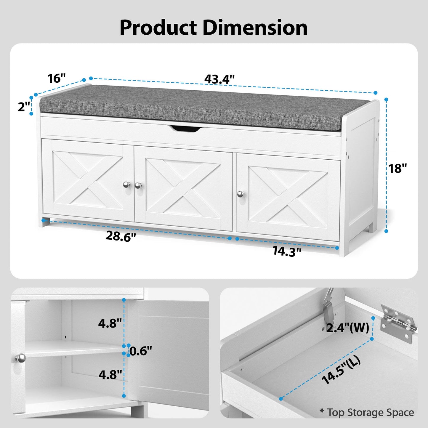 CHITOOMA 43.4" Shoe Storage Bench with Cushion and Barn Doors for Entryway, Bedroom, Shoe Rack Bench Adjustable Shelf with Lift Top Storage, 440 lbs, White