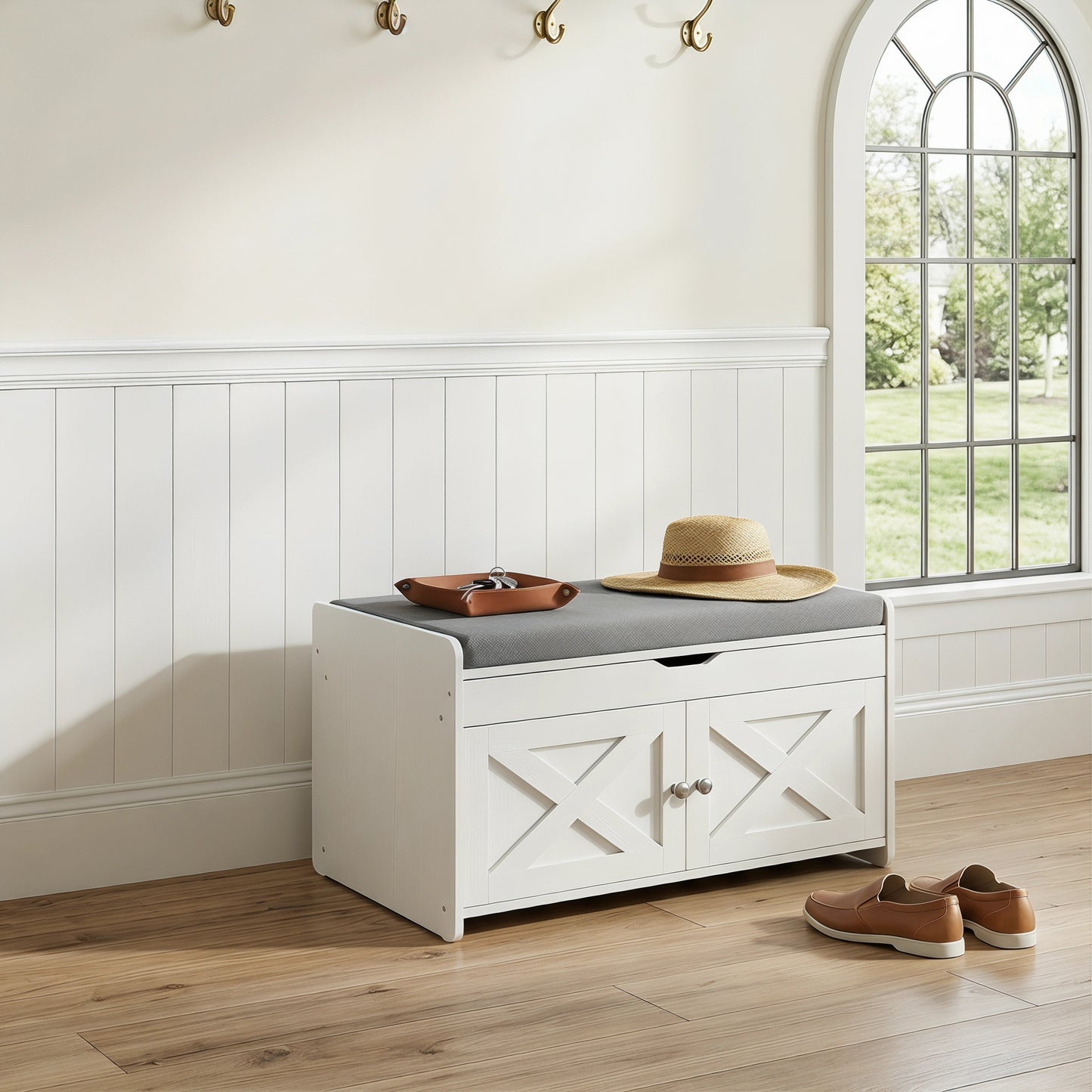 2-Tier Shoe Storage Bench with Cushioned Seat,Adjustable Shelves & Barn Doors,300 lbs Capacity for Entryway,Bedroom,Living Room – 31.5" x 15" x 18",White