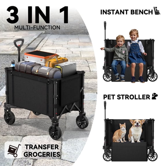 CHITOOMA Foldable Wagon Cart, 360LBS Portable Collapsible Wagon Cart, 120L Capacity Utility Cart with 2 Cup Holder for Groceries, Camping, Shopping, Garden, Beach,