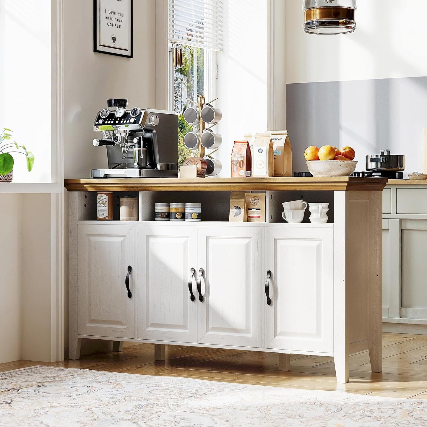 CHITOOMA 55" Sideboard Buffet Cabinet with Adjustable Shelves & 4 Doors, Modern Farmhouse Coffee Bar Cabinet for Kitchen Dinning Room, White & Brown