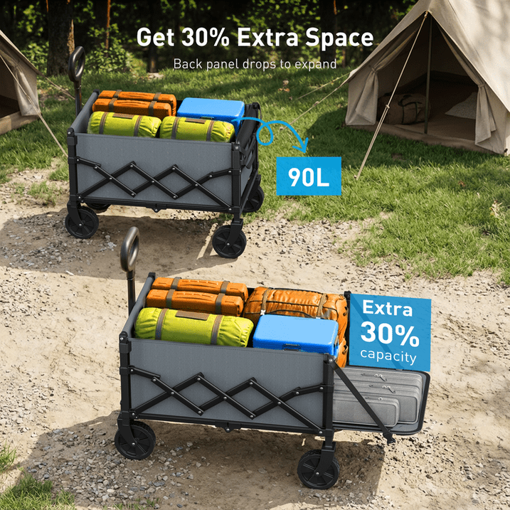 CHITOOMA Collapsible Wagon Cart with Expandable Storage & Locking Front Wheels,360LBS Portable Foldable Wagon for Beach, Camping, Shopping