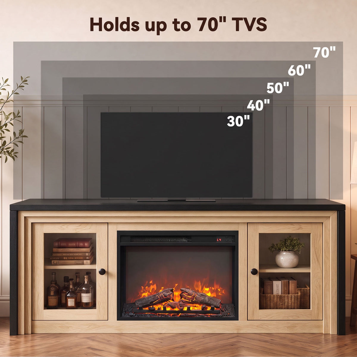 Modern Fireplace TV Stand with 24" Electric Fireplace up to 70" TV, Fireplace TV Console with Glass Barn Doors & Adjustable Shelf, 5100BTU, White