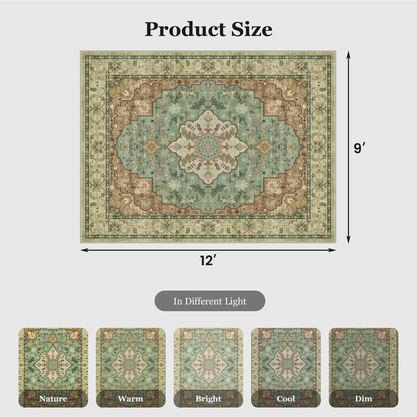 CHITOOMA 9'x12' Area Rugs for Living Room, Boho Machine Washable Stain Resistant Non-Shed Carpet, Floral Area Rug with Non-Slip Backing for Bedroom, Dining Room, Dorm, Office