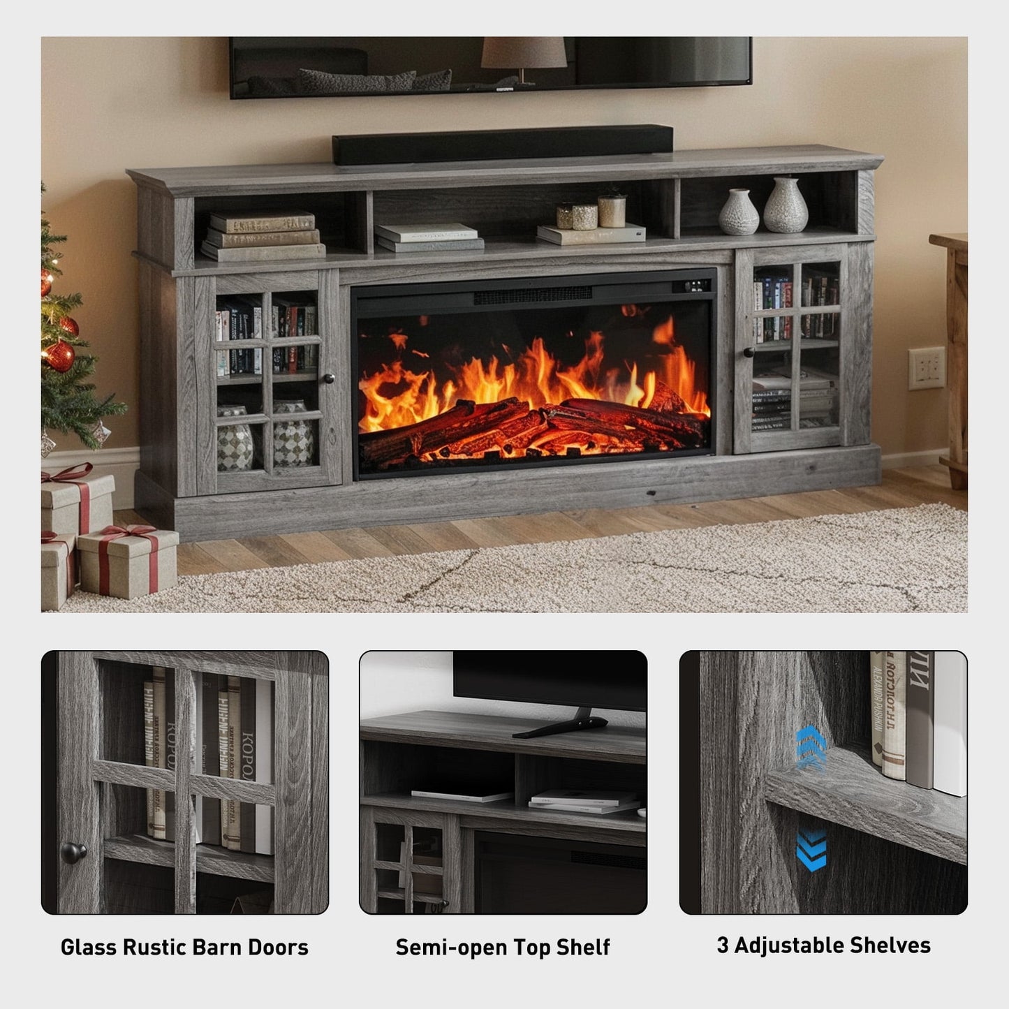 Electric Fireplace TV Stand up to 85" TVs, Farmhouse Entertainment Center wiht 36" Fireplace for Living Room, Gray