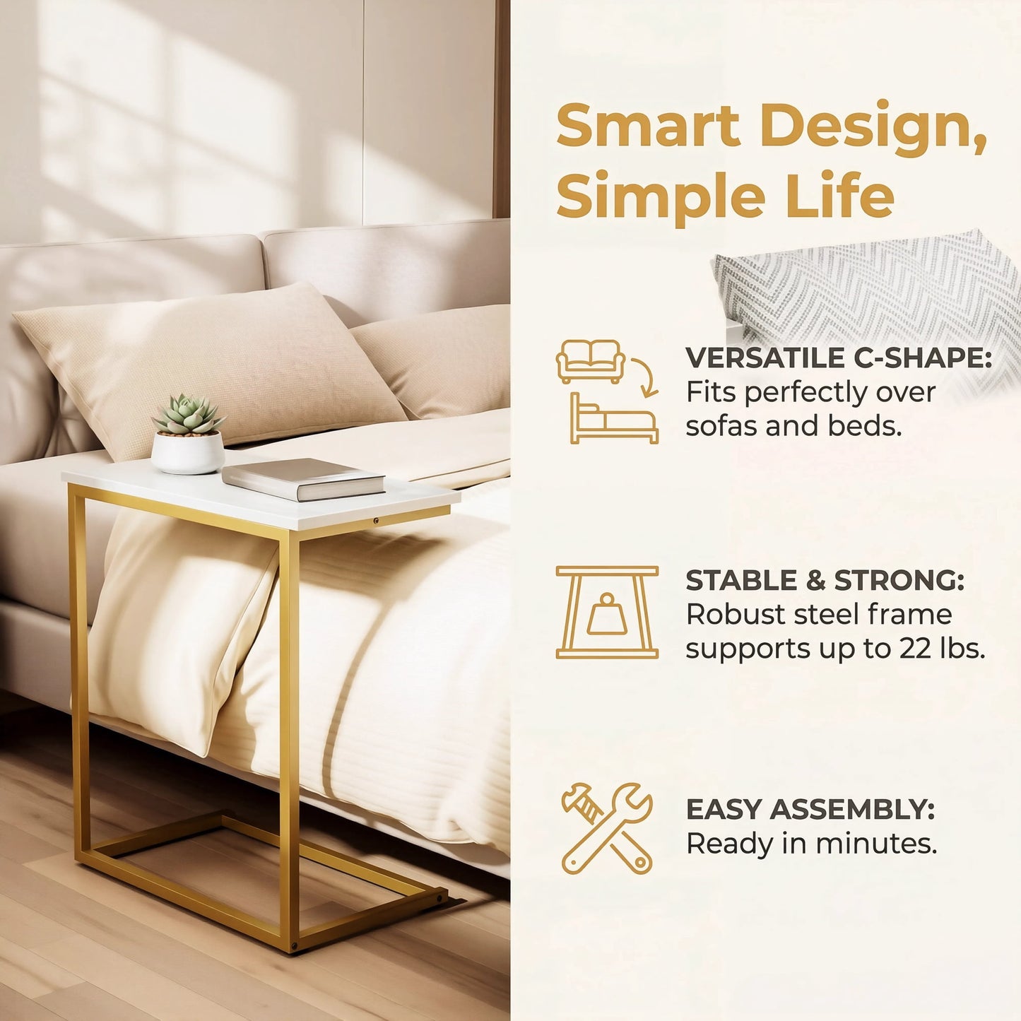 C Shaped End Table, Vintage Side Table for Couch, Laptop, Coffee, Snack, Sofa Side End Table C Shape for Living Room, 27"(H) x 19.7"(W) x 12.6"(D), Marble