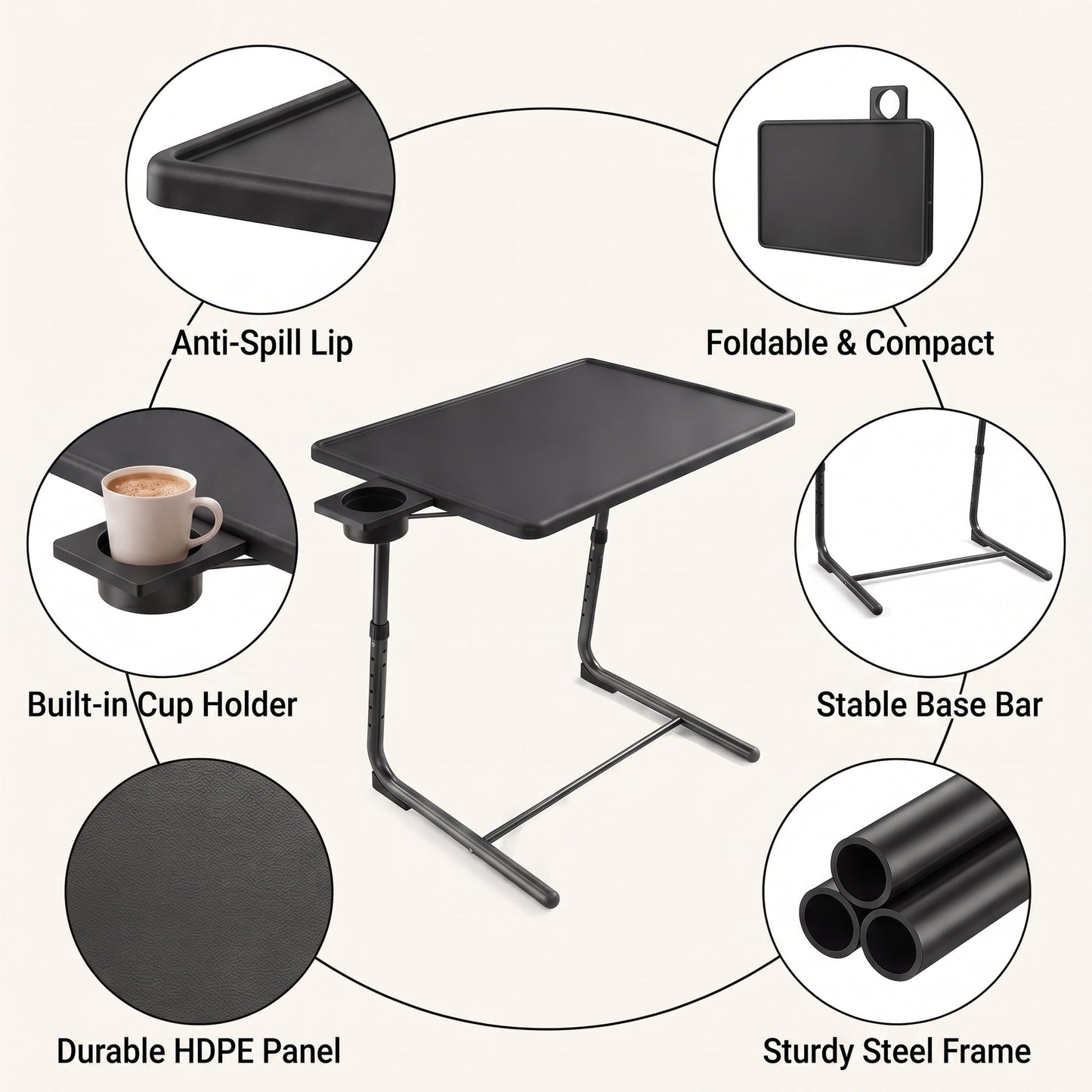 TV Tray Table with Cup Holders, Portable C-Shaped Side Dinner Tray Table, Adjustable 6 Heights & 3 Tilt Angle for Living Room, Bedroom, Black