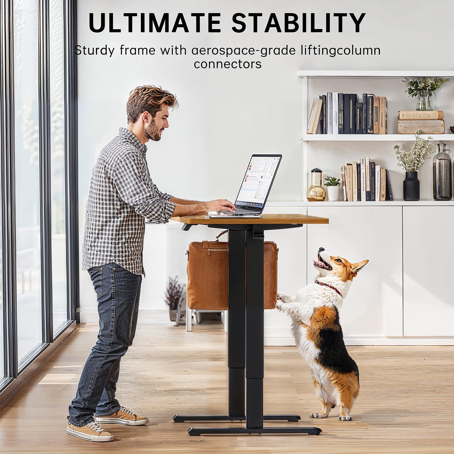 CHITOOMA 48" x 24" Electric Standing Desk with 4 Memory Preset Heights, Height Adjustable Sit Stand up Desk with Headphone Hook for Home Office, Rustic Brown