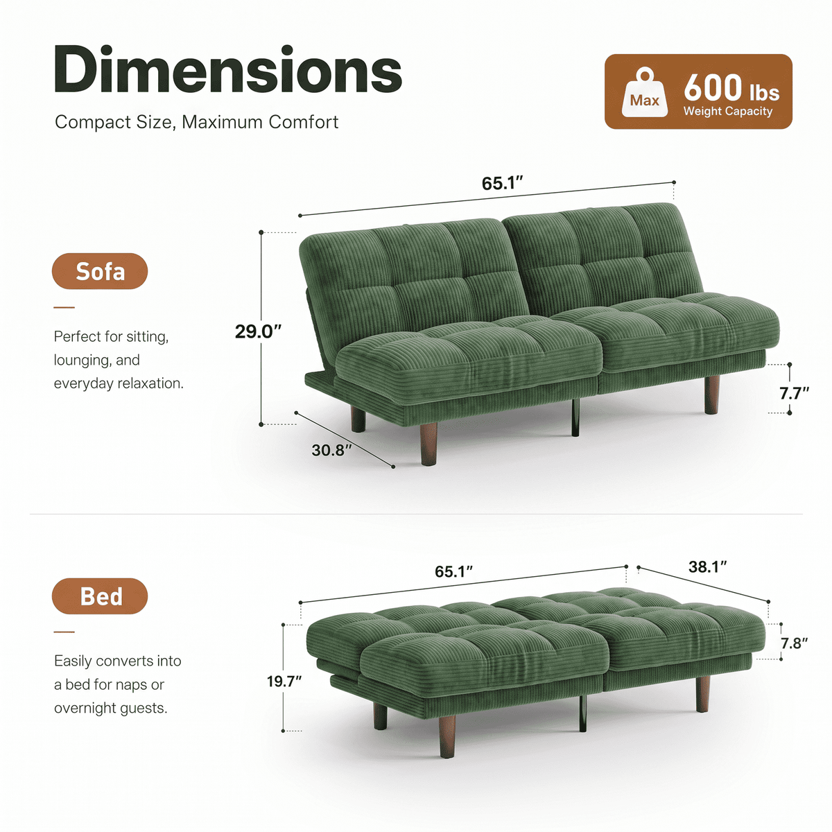 CHITOOMA 66" Futon Sofa Bed with Adjustable Backrest, Corduroy Convertible Futon Couch, Extra-Thick Cushion, Comfy Loveseat for Small Spaces, Apartment or Office, Green
