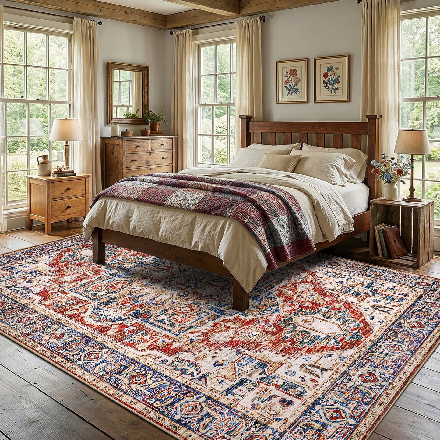 8'x10' Boho Area Rugs for Living Room, Machine Washable Area Rug with Non-Slip Backing, Stain Resistant Non-Shed Carpet for Bedroom, Dining Room, Dorm, Office