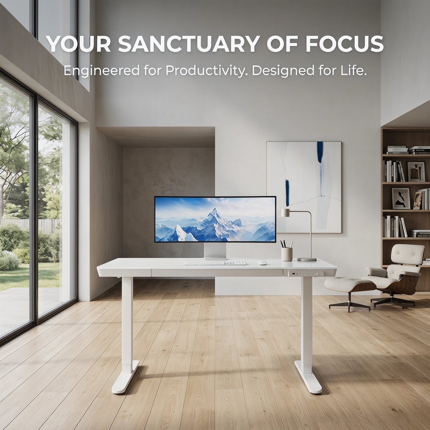 CHITOOMA Glass Top 40" x 24" Electric Standing Desk with Drawer, Height Adjustable Sit Stand Desk for Home Office, White