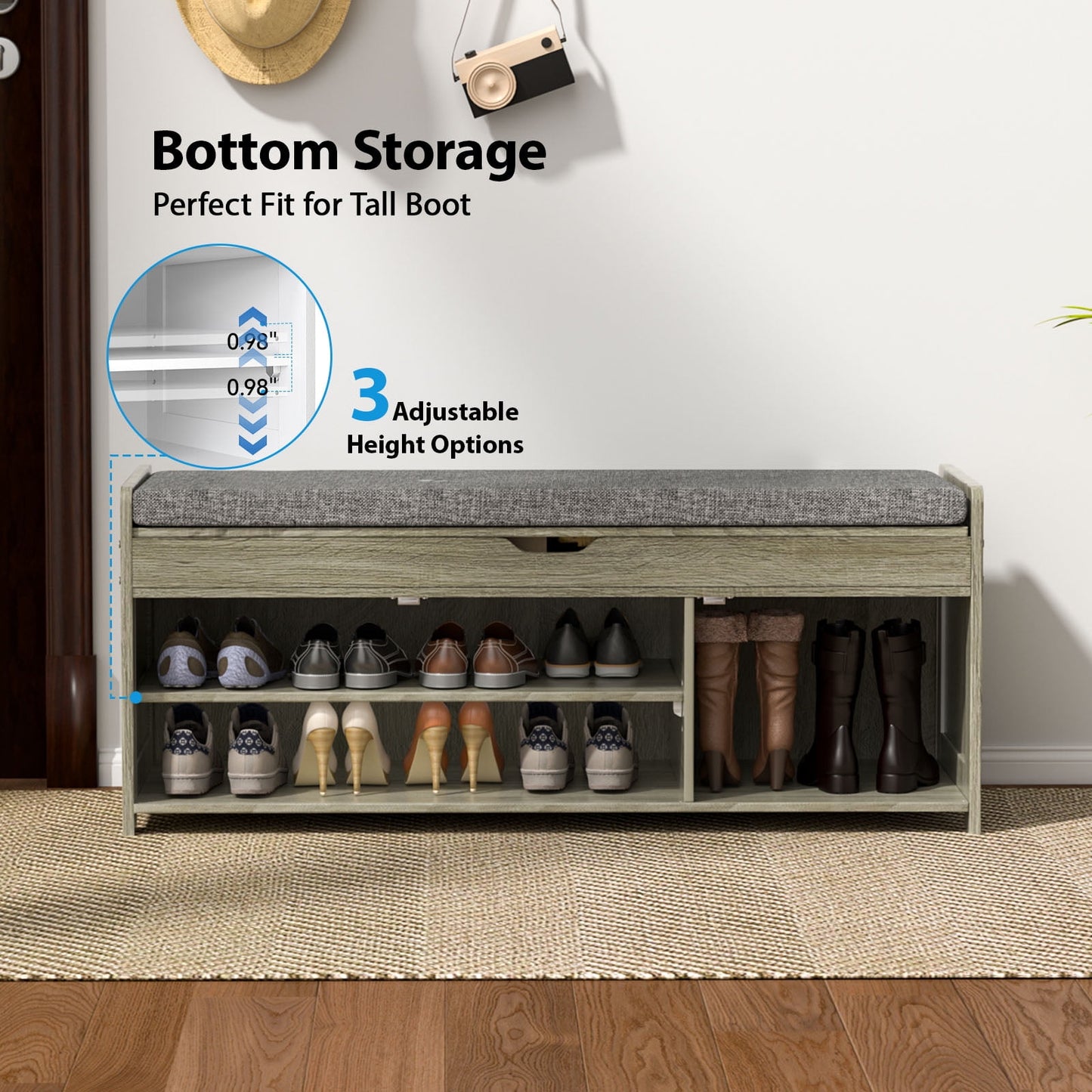 CHITOOMA 43.4" Shoe Storage Bench with Cushion and Barn Doors for Entryway, Bedroom, Shoe Rack Bench Adjustable Shelf with Lift Top Storage, 440 lbs, Grey