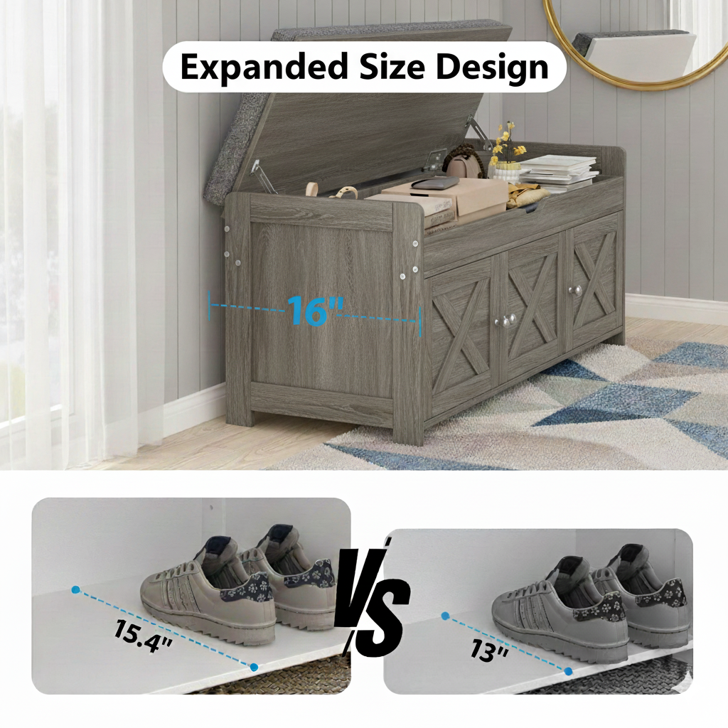 CHITOOMA Shoe Storage Bench, 43.4" Wide Shoe Bench with Padded Seat Cushion and Lift Top Storage, Bench with Barn Doors and Adjustable Shelf for for Entryway, Bedroom, Living Room, Gray