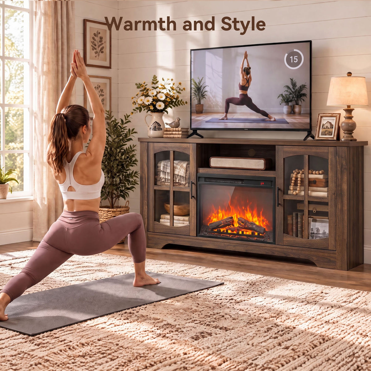 CHITOOMA Electric Fireplace TV Stand for 70" TVs with Glass Barn Doors, Farmhouse Entertainment Console with 23" Electric Fireplace, Holds up to 200 lbs, Brown
